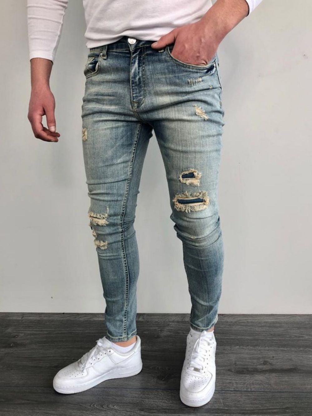 Versleten Potloodbroek Skinny Herenjeans Met Kleurblokken En Halfhoge Taille