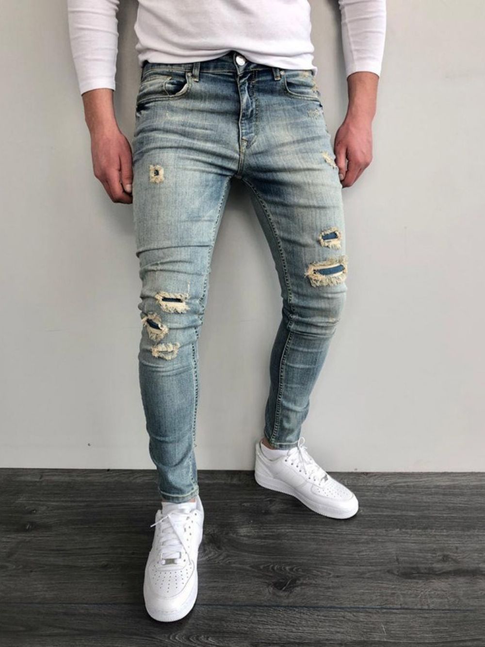 Versleten Potloodbroek Skinny Herenjeans Met Kleurblokken En Halfhoge Taille