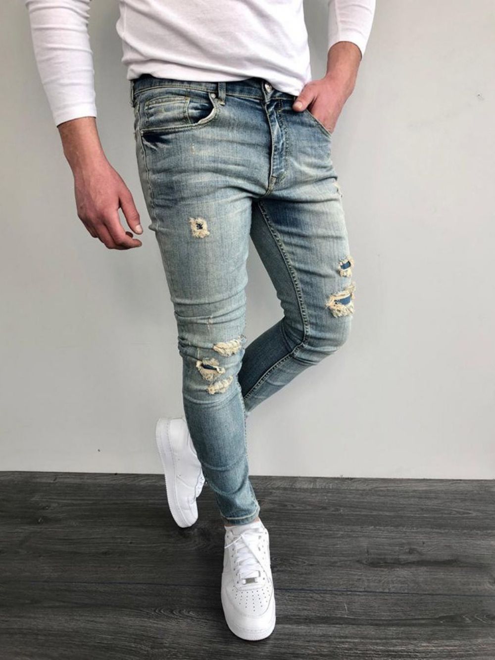 Versleten Potloodbroek Skinny Herenjeans Met Kleurblokken En Halfhoge Taille