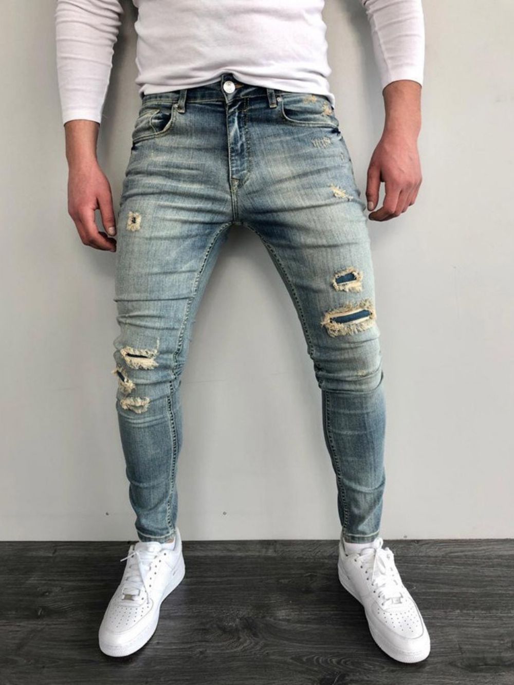 Versleten Potloodbroek Skinny Herenjeans Met Kleurblokken En Halfhoge Taille