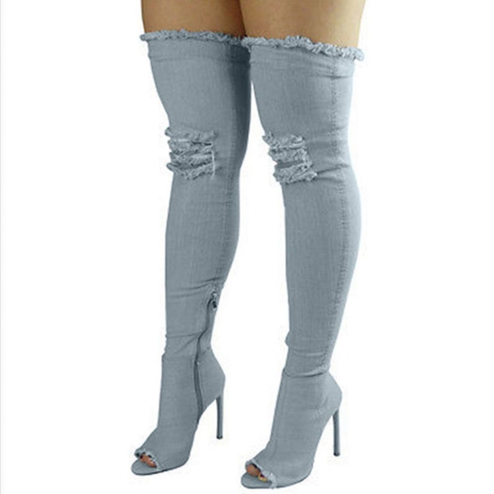 Denim Zijrits Peeptoe Kniehoge Laarzen Dames