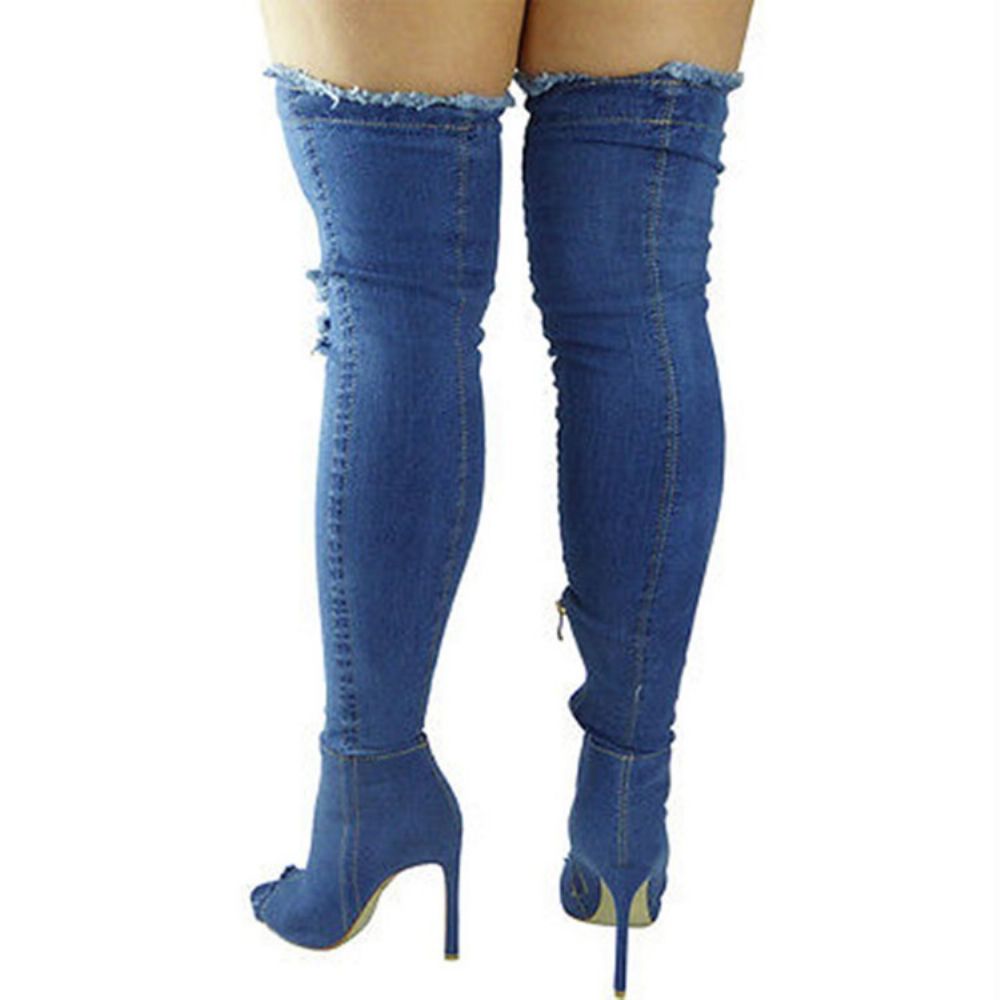 Denim Zijrits Peeptoe Kniehoge Laarzen Dames