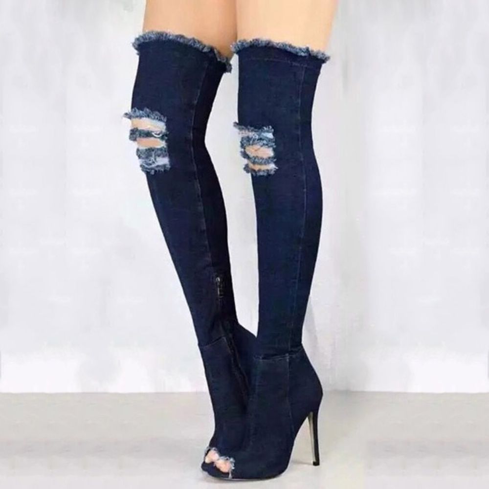 Denim Zijrits Peeptoe Kniehoge Laarzen Dames