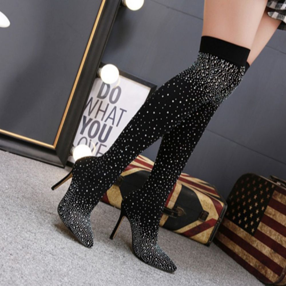 Strass Effen Puntige Neus Stiletto Hak Westernlaarzen