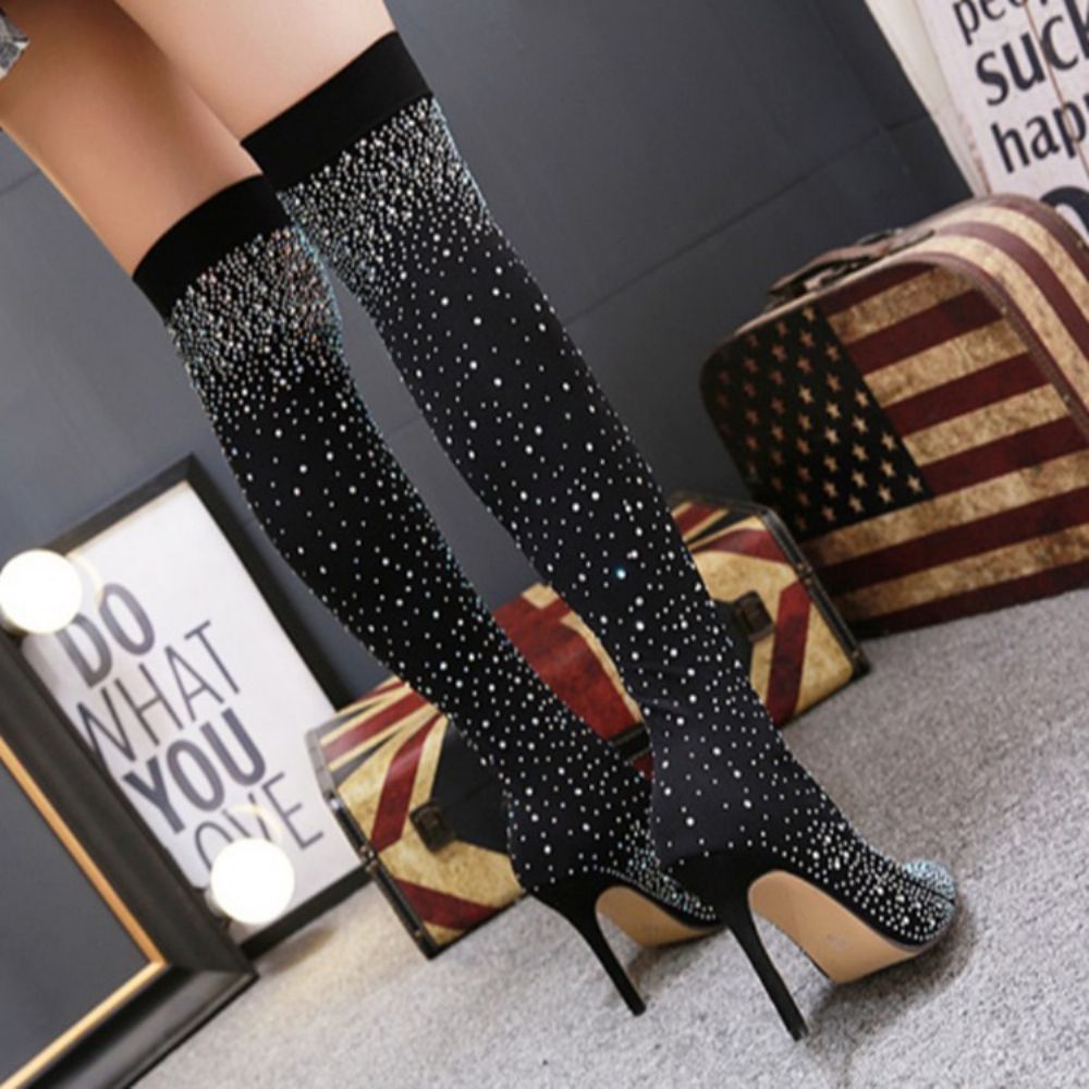 Strass Effen Puntige Neus Stiletto Hak Westernlaarzen