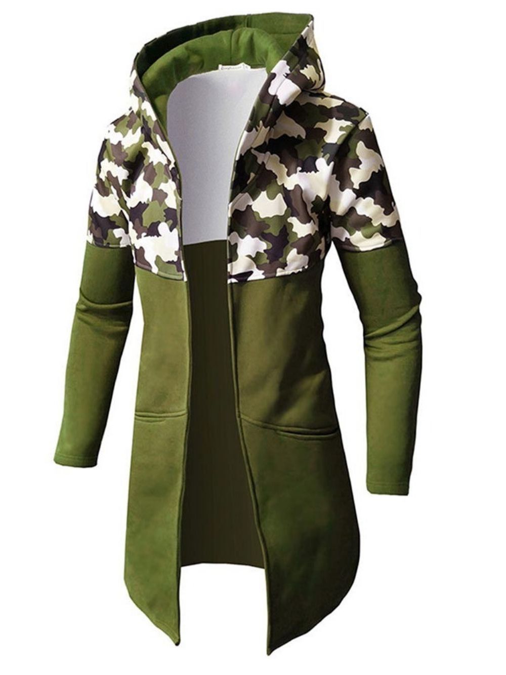 Camouflage Patchwork Slanke Halflange Trenchcoat Met Capuchon Heren