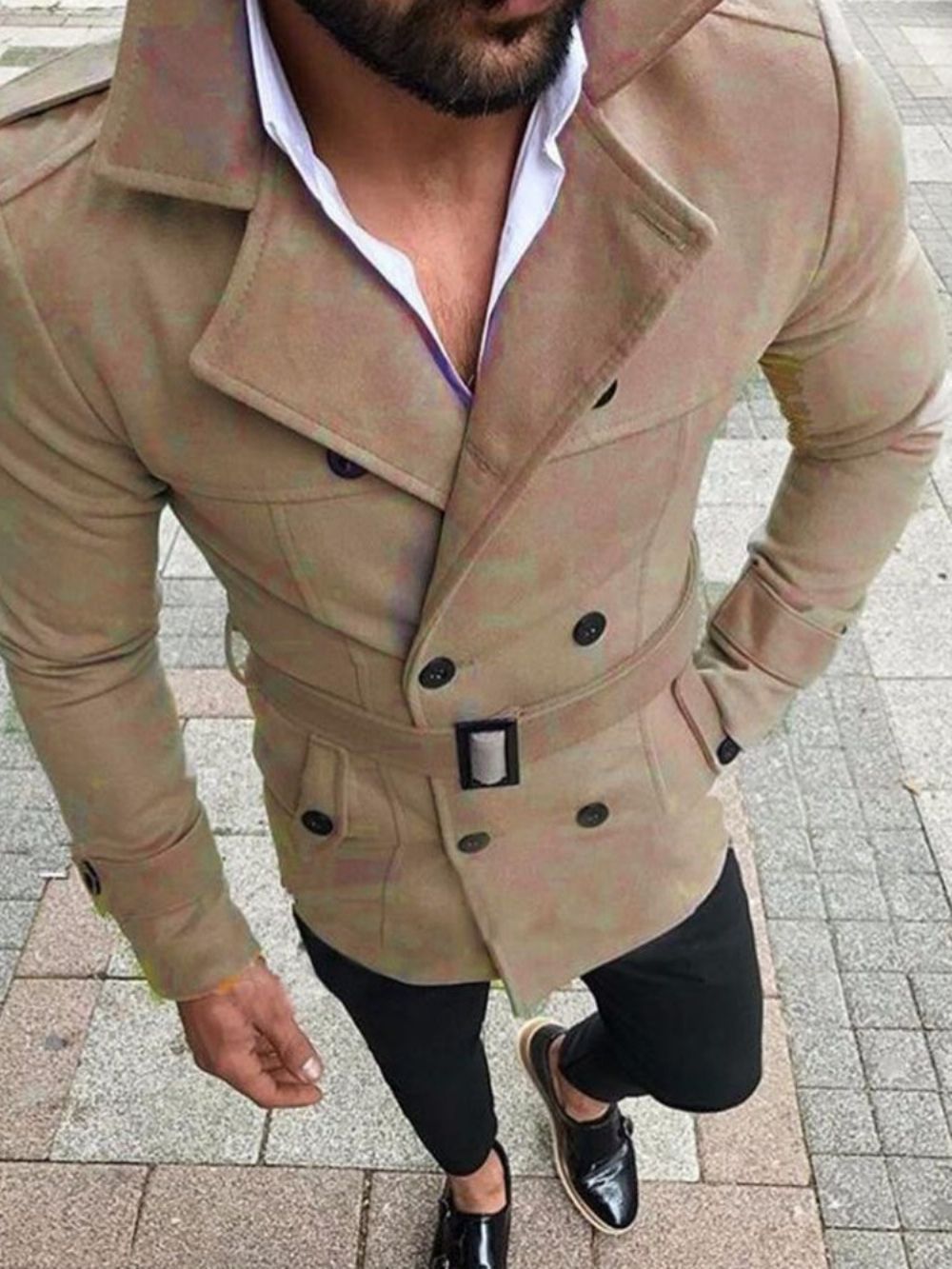 Effen Wintertrenchcoat Met Halflange Knoopsluiting En Dubbele Rij Knopen