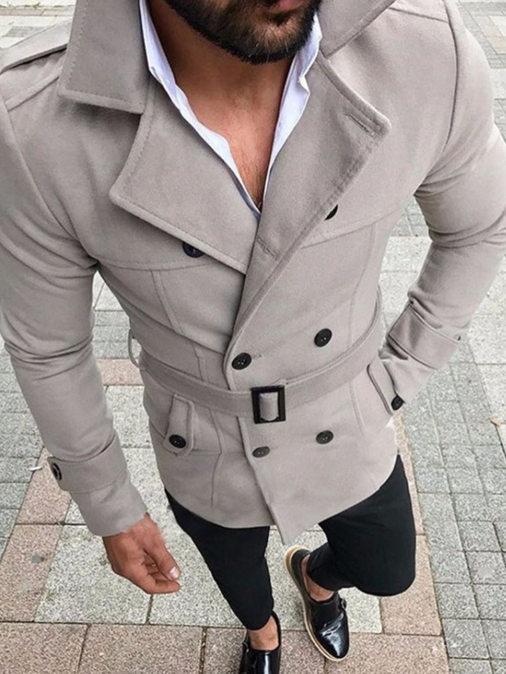 Effen Wintertrenchcoat Met Halflange Knoopsluiting En Dubbele Rij Knopen