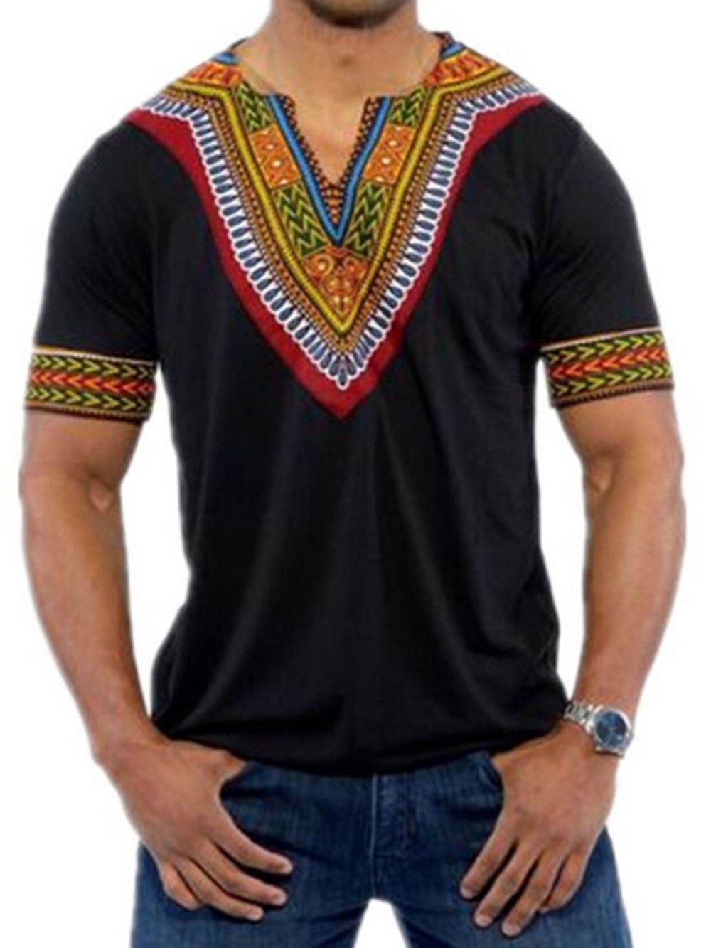 Afrikaanse Mode V-Hals Dashiki Print Korte Mouw Heren T-Shirt