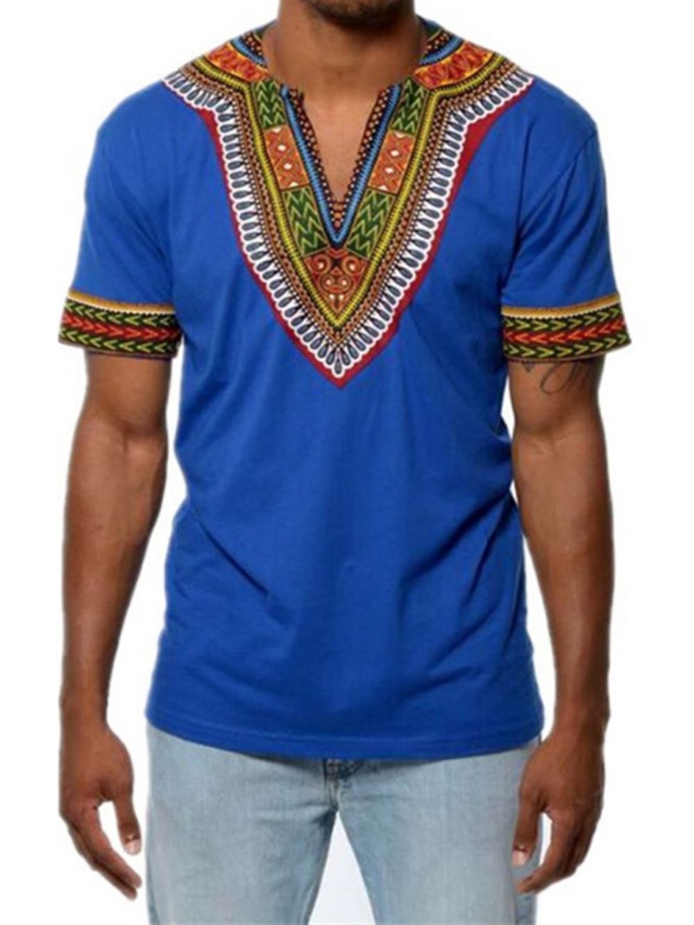 Afrikaanse Mode V-Hals Dashiki Print Korte Mouw Heren T-Shirt