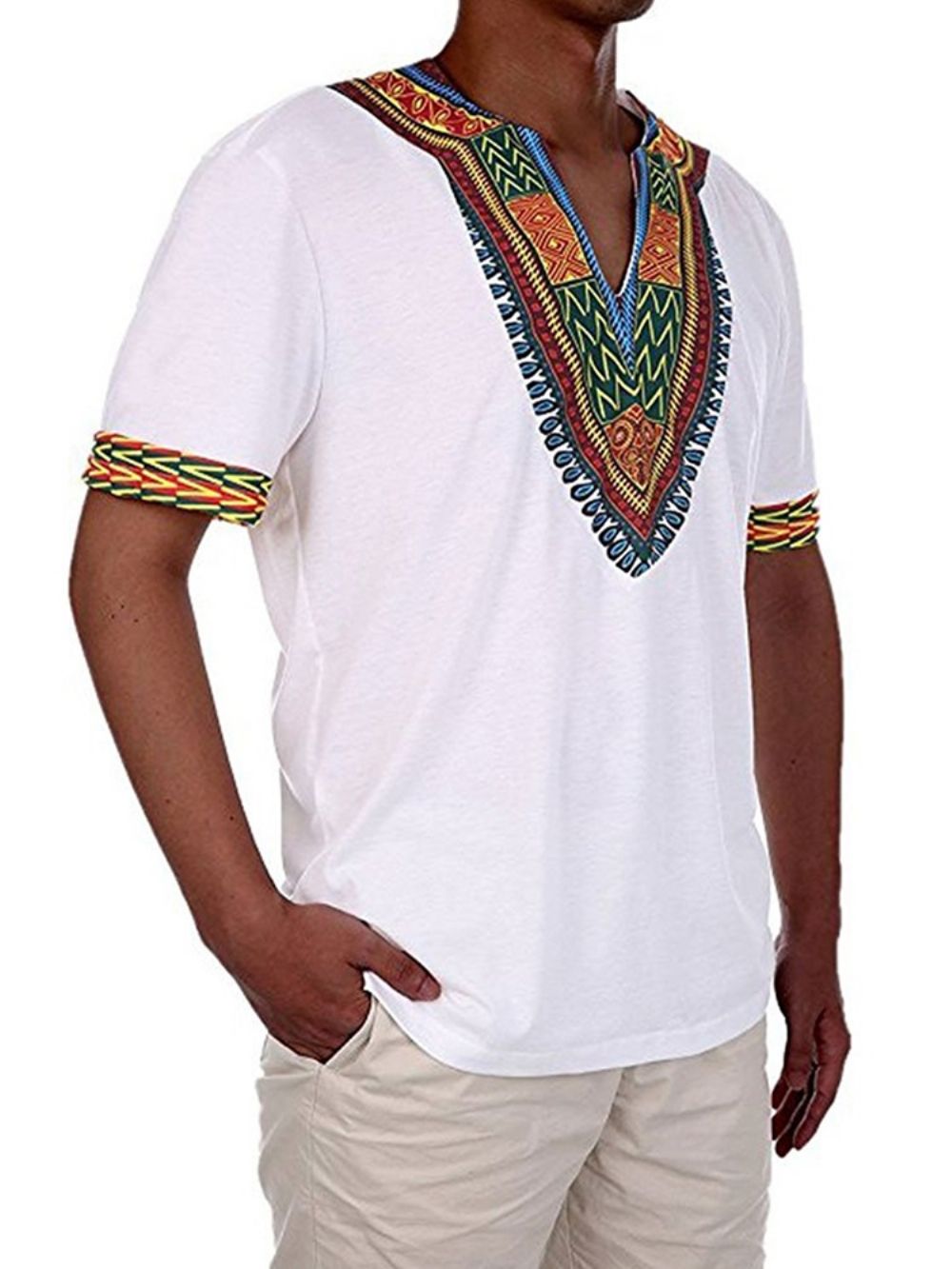 Afrikaanse Mode V-Hals Dashiki Print Korte Mouw Heren T-Shirt