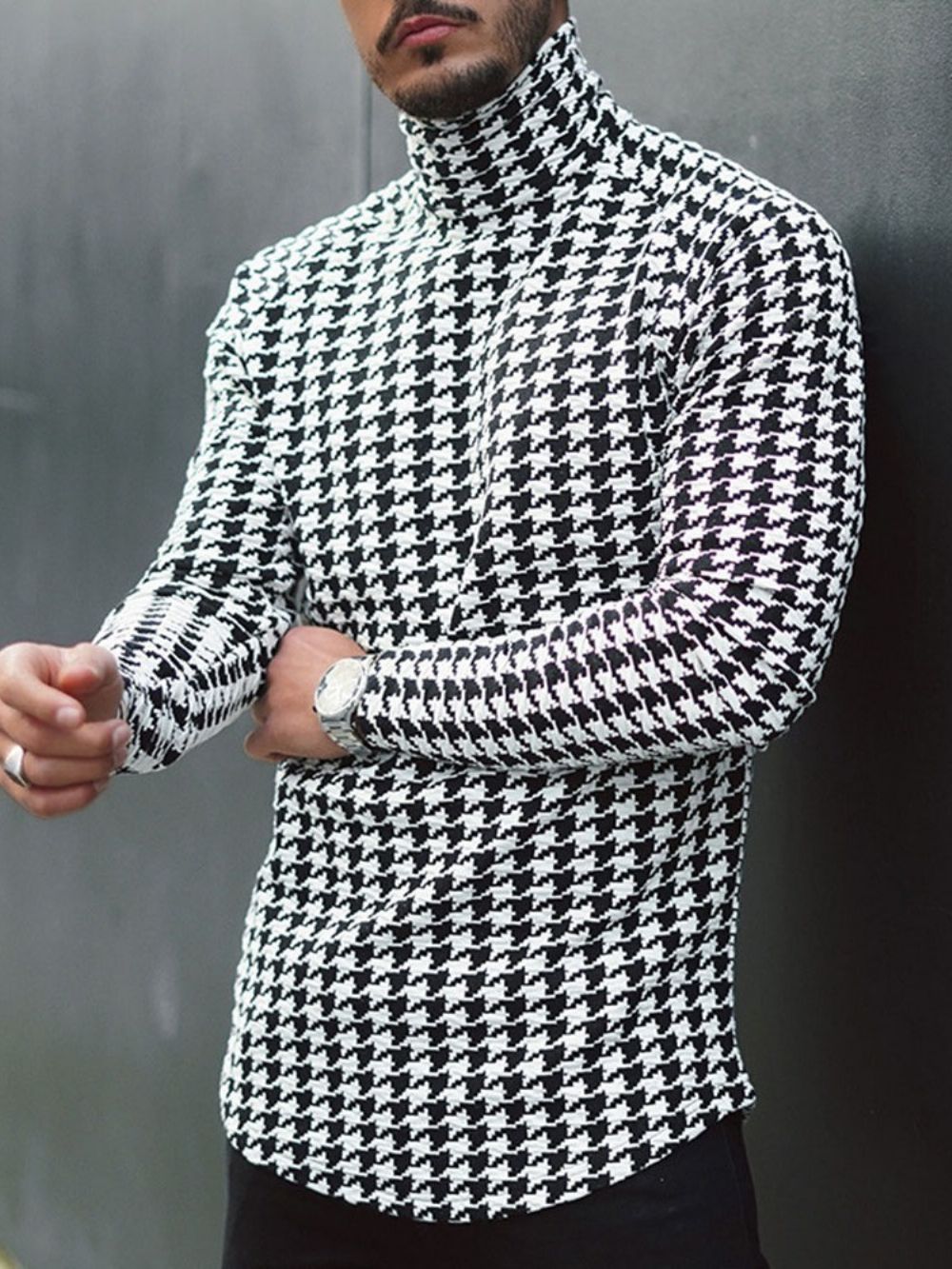 Houndstooth Casual Coltrui Slim T-Shirt Met Lange Mouwen