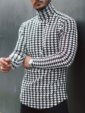 Houndstooth Casual Coltrui Slim T-Shirt Met Lange Mouwen