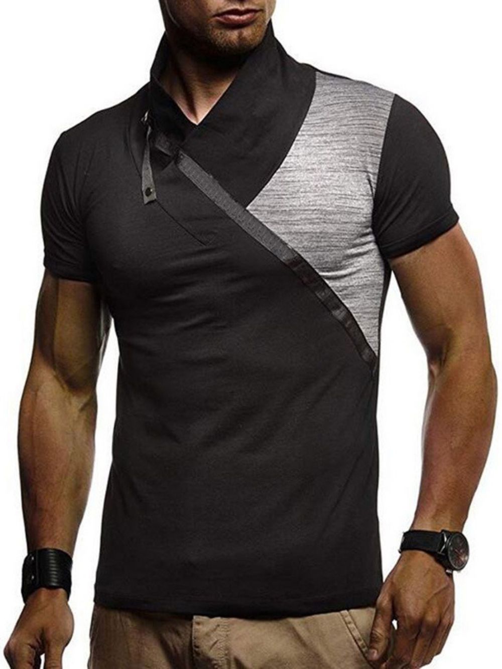 Kleurblok Casual Heap Collar Slim T-Shirt Met Korte Mouwen Heren