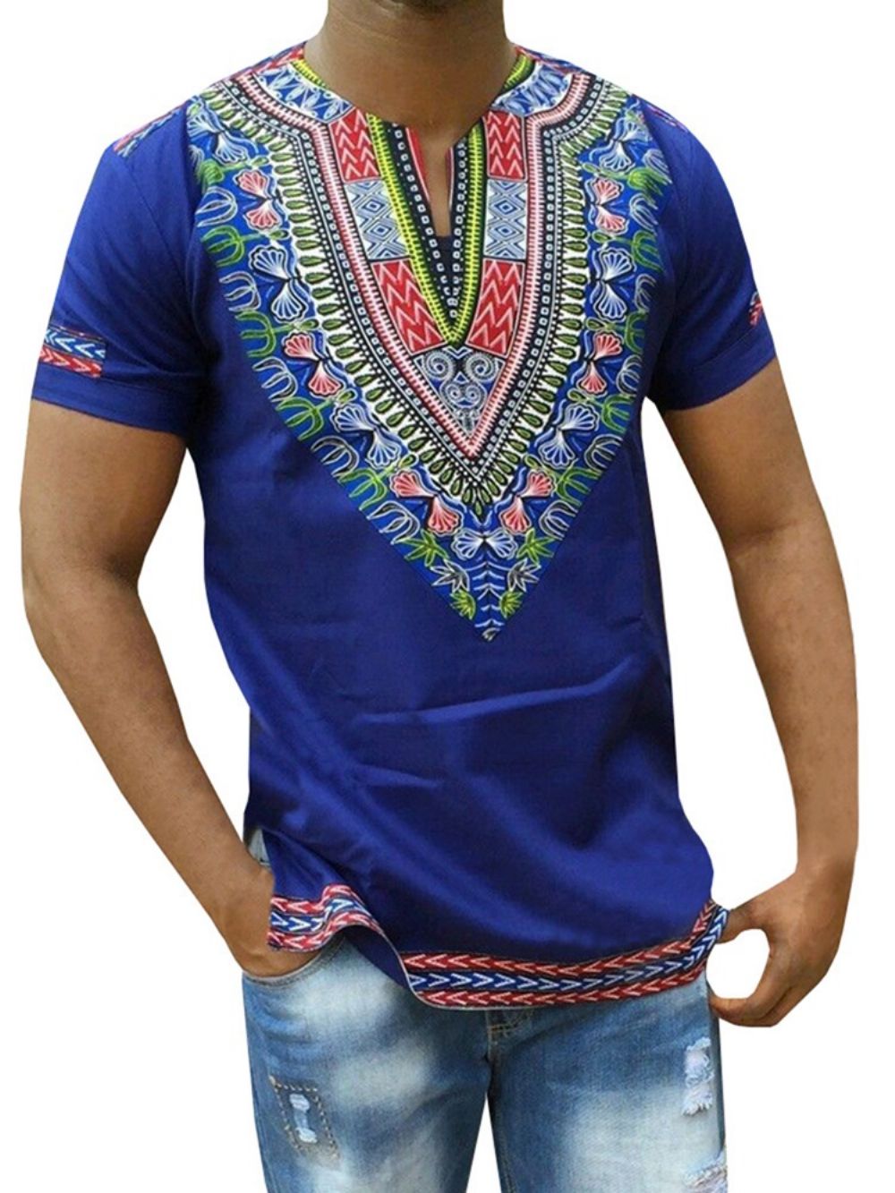 Rechte T-Shirt Heren In Afrikaanse Mode Dashiki-Print Met V-Hals