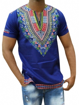 Rechte T-Shirt Heren In Afrikaanse Mode Dashiki-Print Met V-Hals