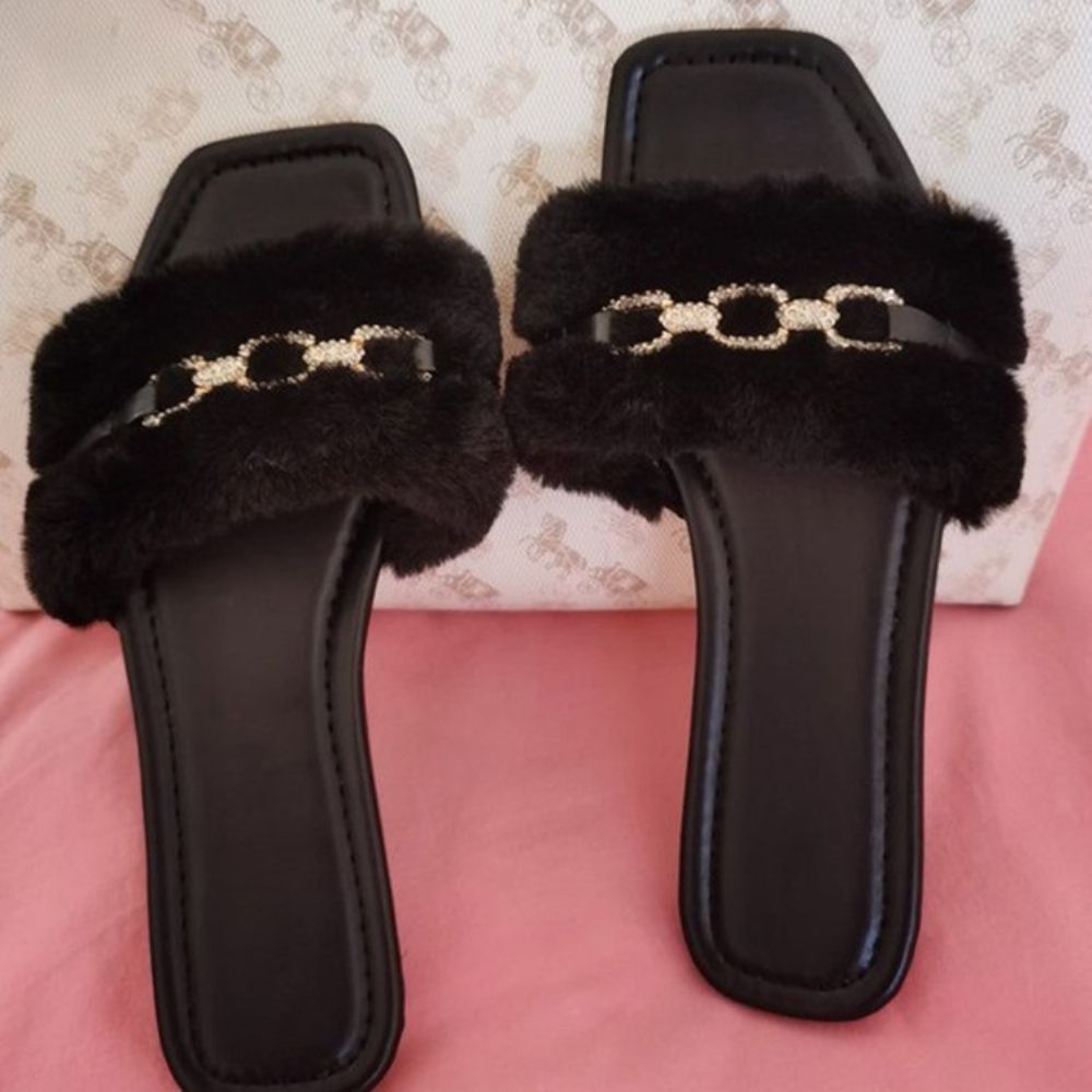 Fuzzy Instapper Plat Met Flip-Flop Imitatiebont Effen Pantoffels