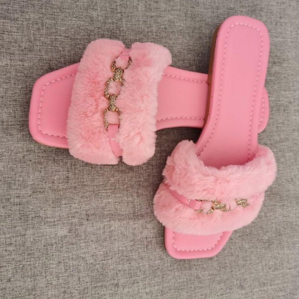 Fuzzy Instapper Plat Met Flip-Flop Imitatiebont Effen Pantoffels