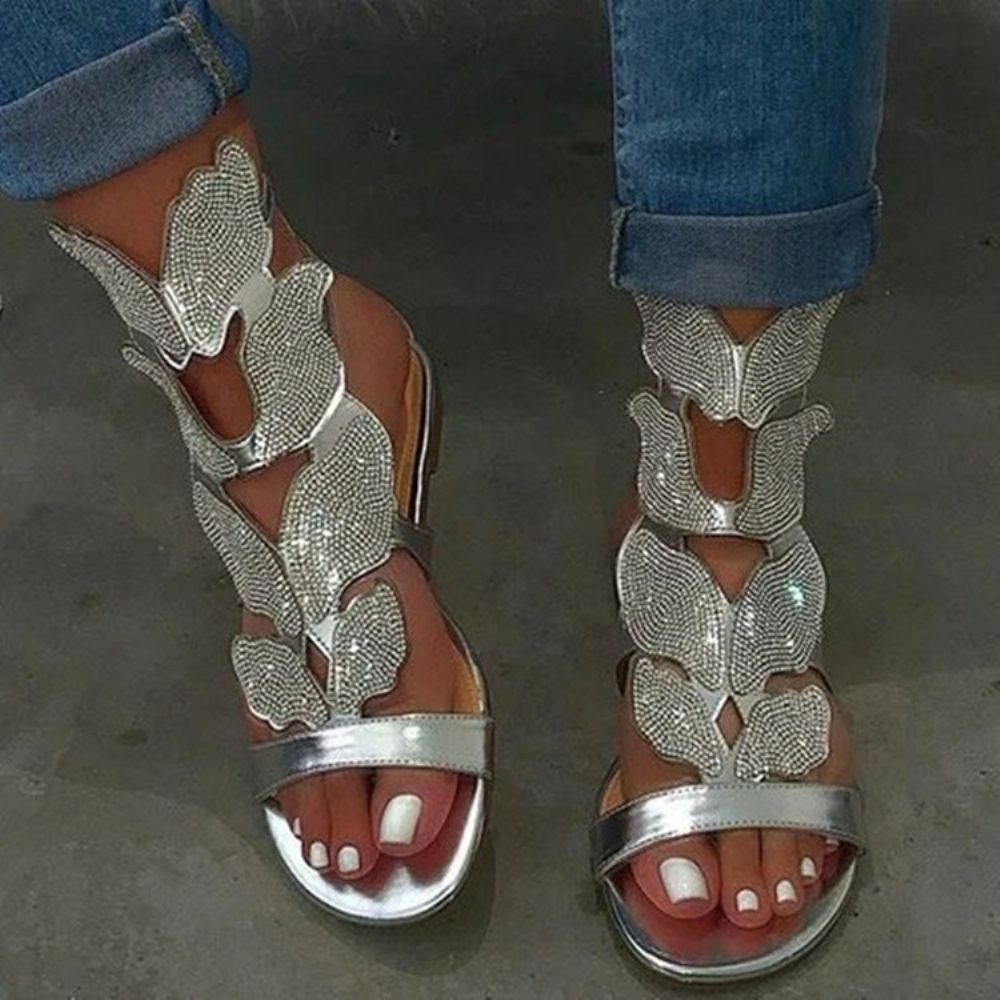 Hielbedekkende Ritssluiting Plat Met Strass Sandalen