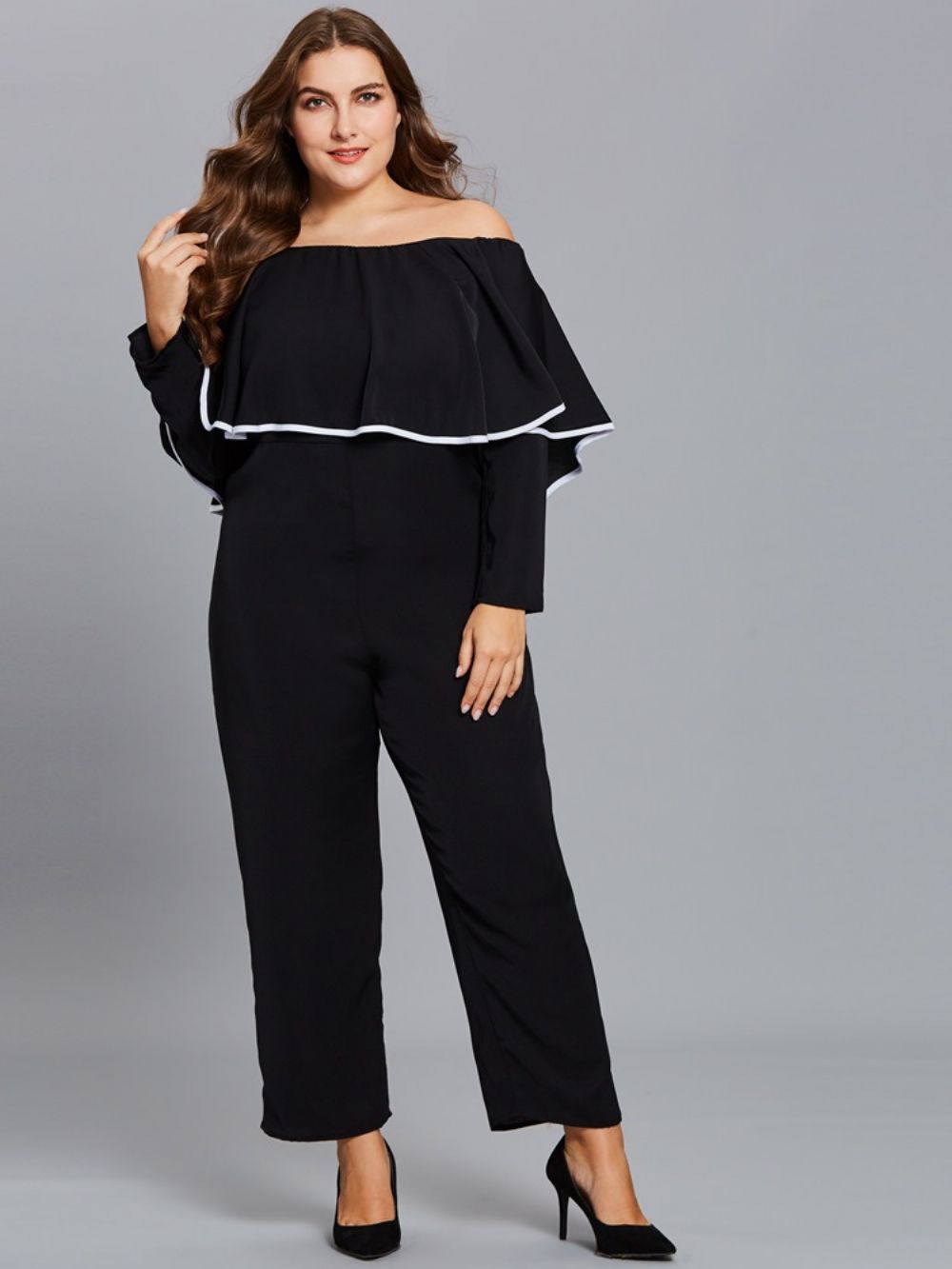 Damesjumpsuit Met Grote Maten Ruches En Schuine Hals