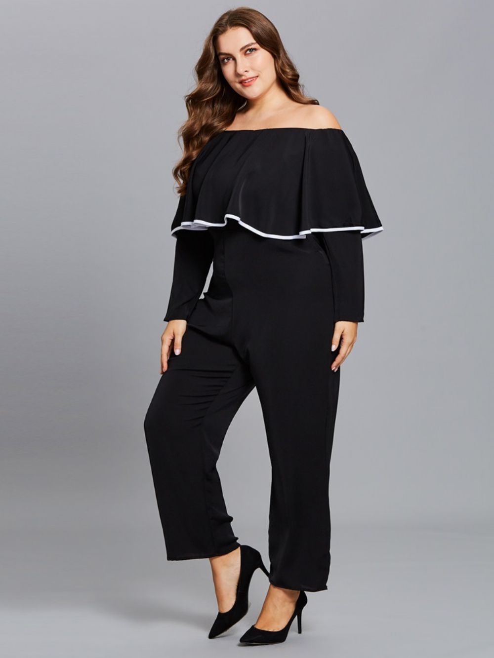 Damesjumpsuit Met Grote Maten Ruches En Schuine Hals