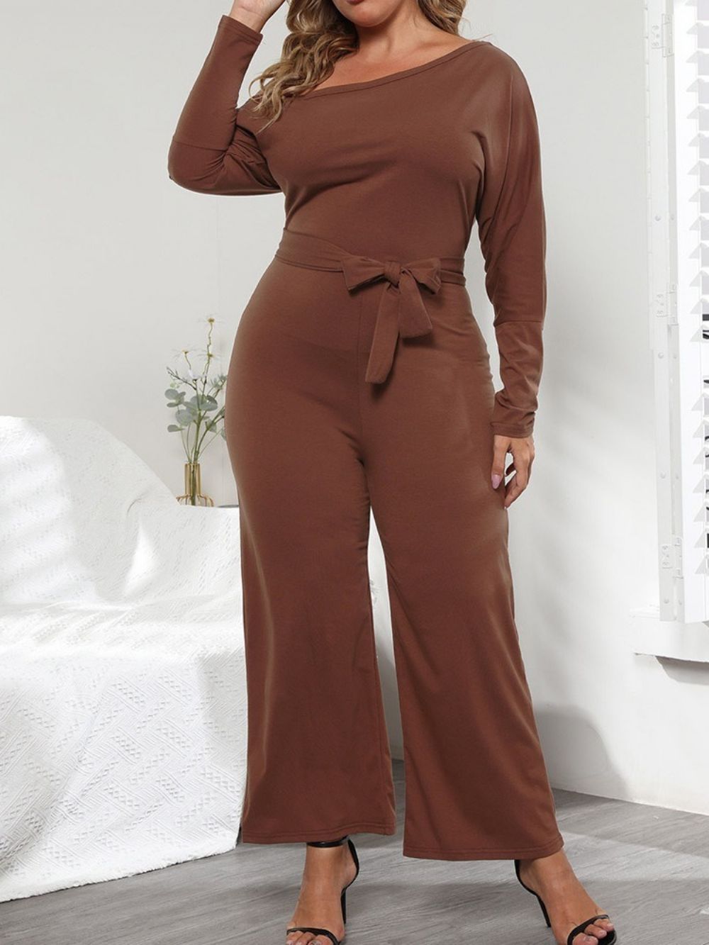 Effen Asymmetrische Damesjumpsuit Over De Volledige Lengte Slank En Recht Plus maat