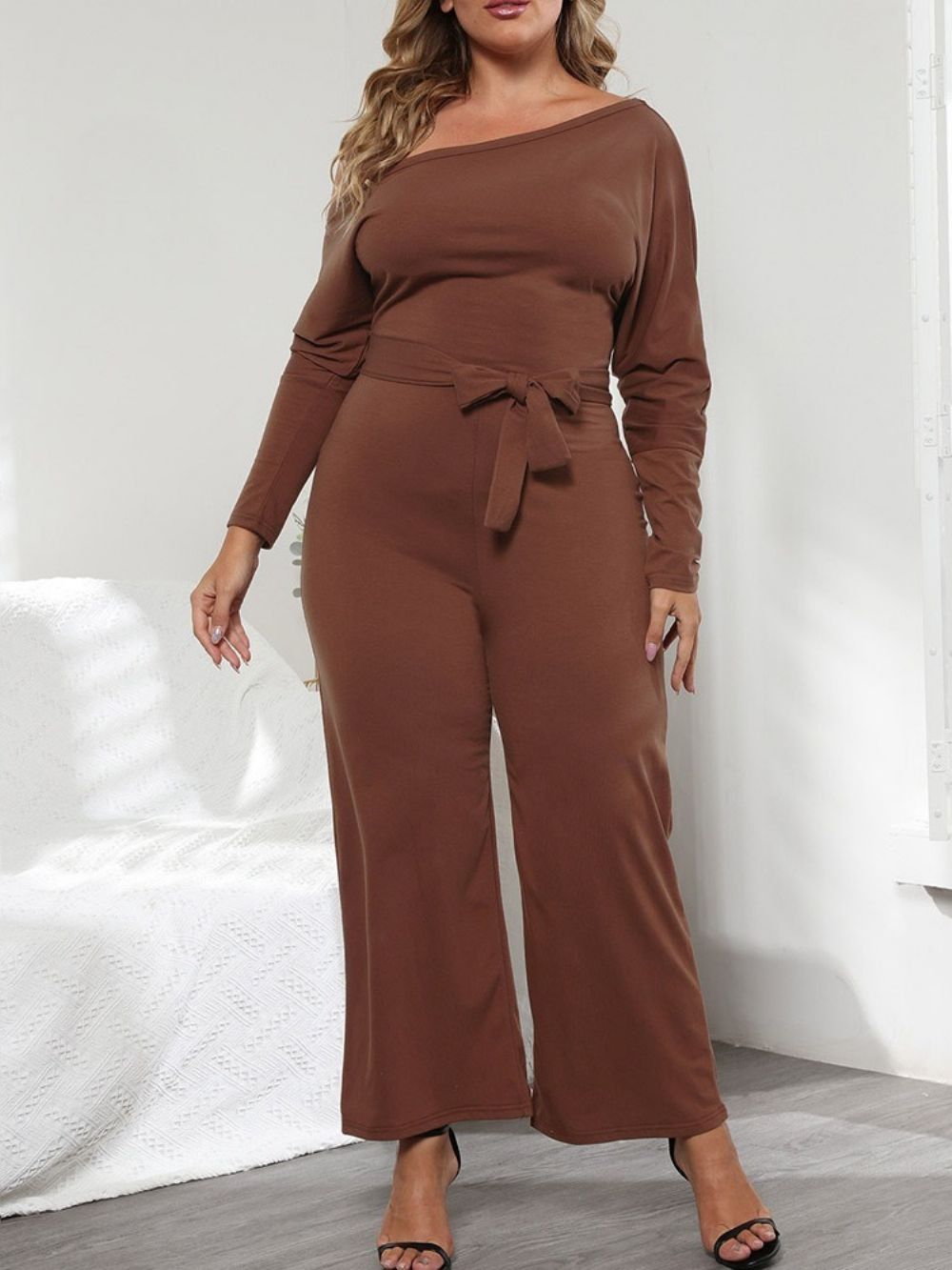 Effen Asymmetrische Damesjumpsuit Over De Volledige Lengte Slank En Recht Plus maat