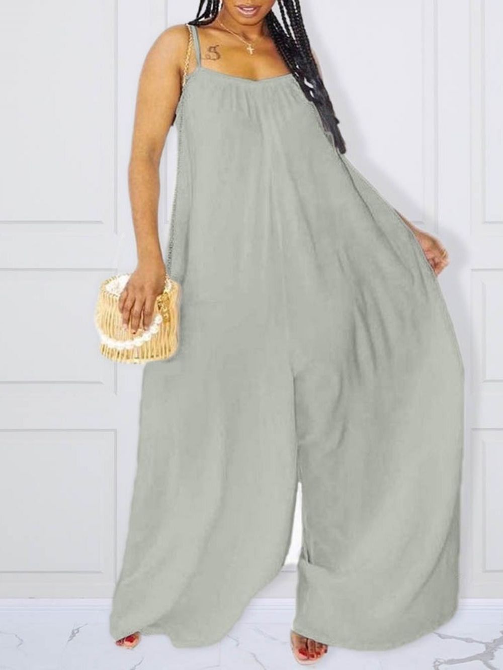 Effen Losse Damesjumpsuit Over De Volledige Lengte Zonder Rug