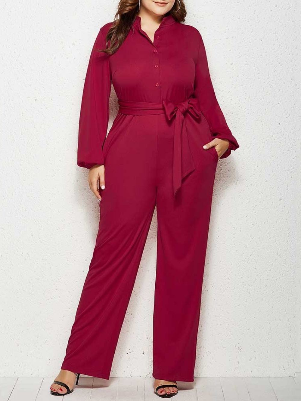 Effen Plus maat Jumpsuit Met Volledige Lengte En Rechte Taille Met Halfhoge Taille