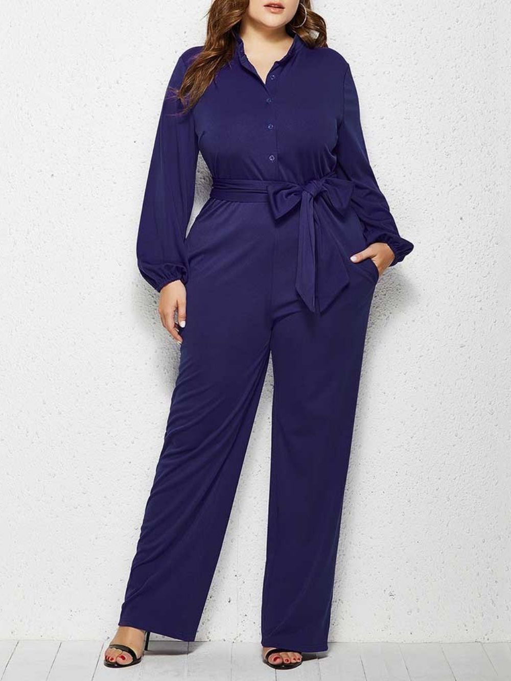 Effen Plus maat Jumpsuit Met Volledige Lengte En Rechte Taille Met Halfhoge Taille