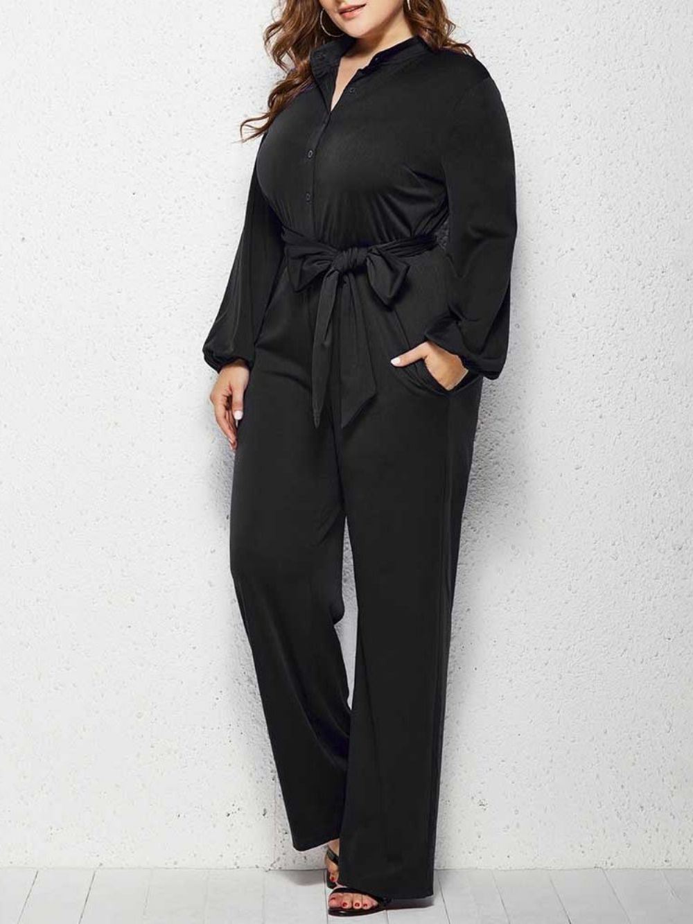 Effen Plus maat Jumpsuit Met Volledige Lengte En Rechte Taille Met Halfhoge Taille