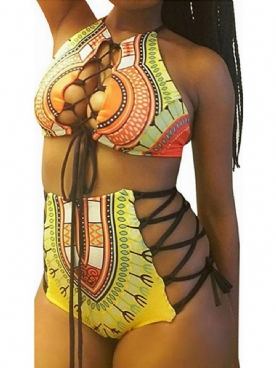 Grote Maat Dashiki Afrikaanse Print Holle Hoge Taille 2-Delige Bikinipakken