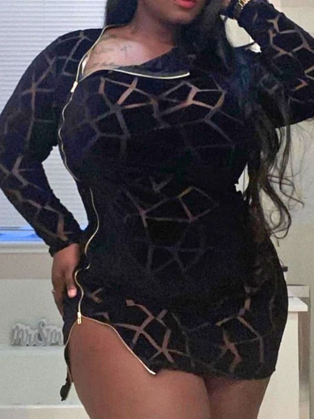 Lange Mouw Boven De Knie Rits Sexy Bodycon Jurk Plus maat