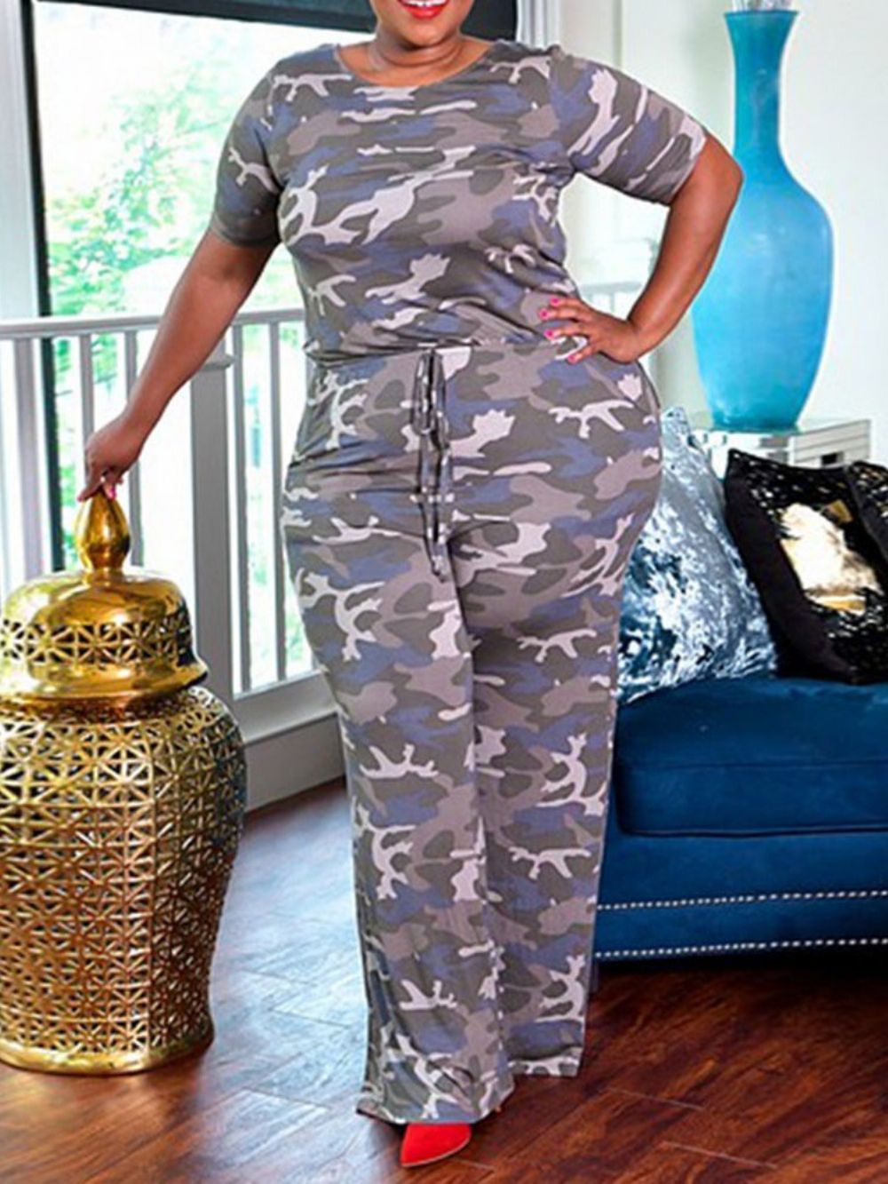 Plus maat Print Volledige Lengte Camouflage Slim Wijde Pijpen Jumpsuit