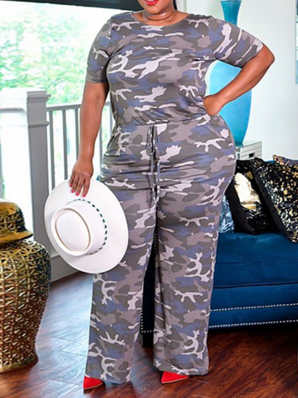 Plus maat Print Volledige Lengte Camouflage Slim Wijde Pijpen Jumpsuit