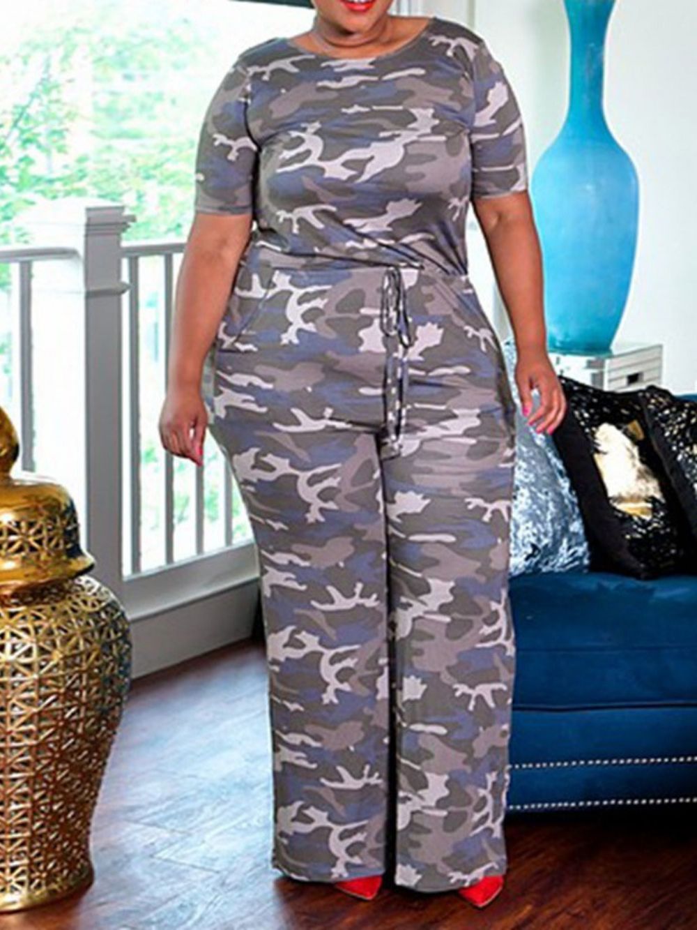 Plus maat Print Volledige Lengte Camouflage Slim Wijde Pijpen Jumpsuit