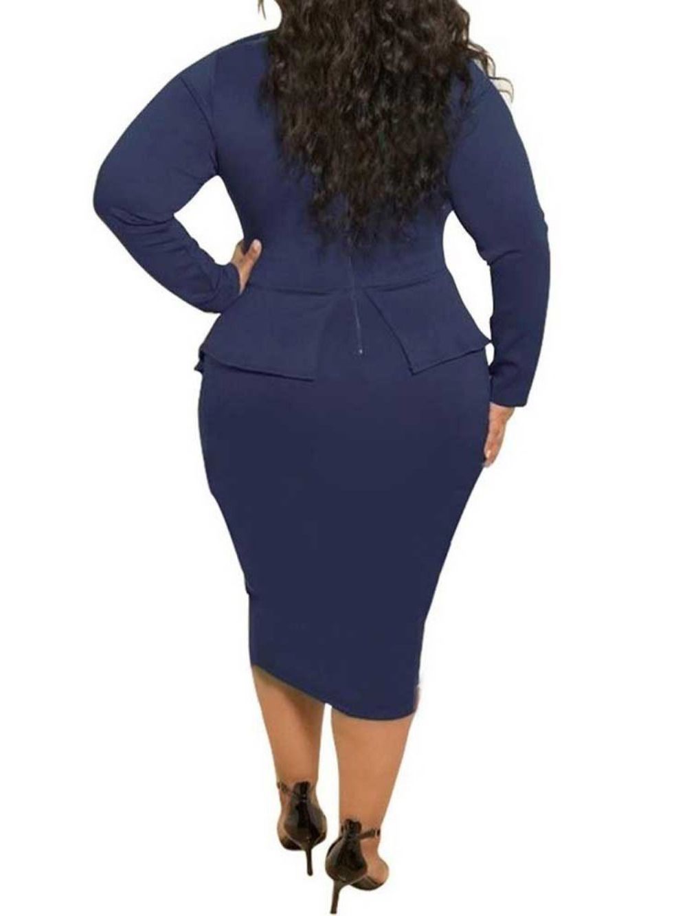 Plus maat Strikkraag Halfhoge Bodycon Jurk Met Hoge Taille En Lange Mouwen