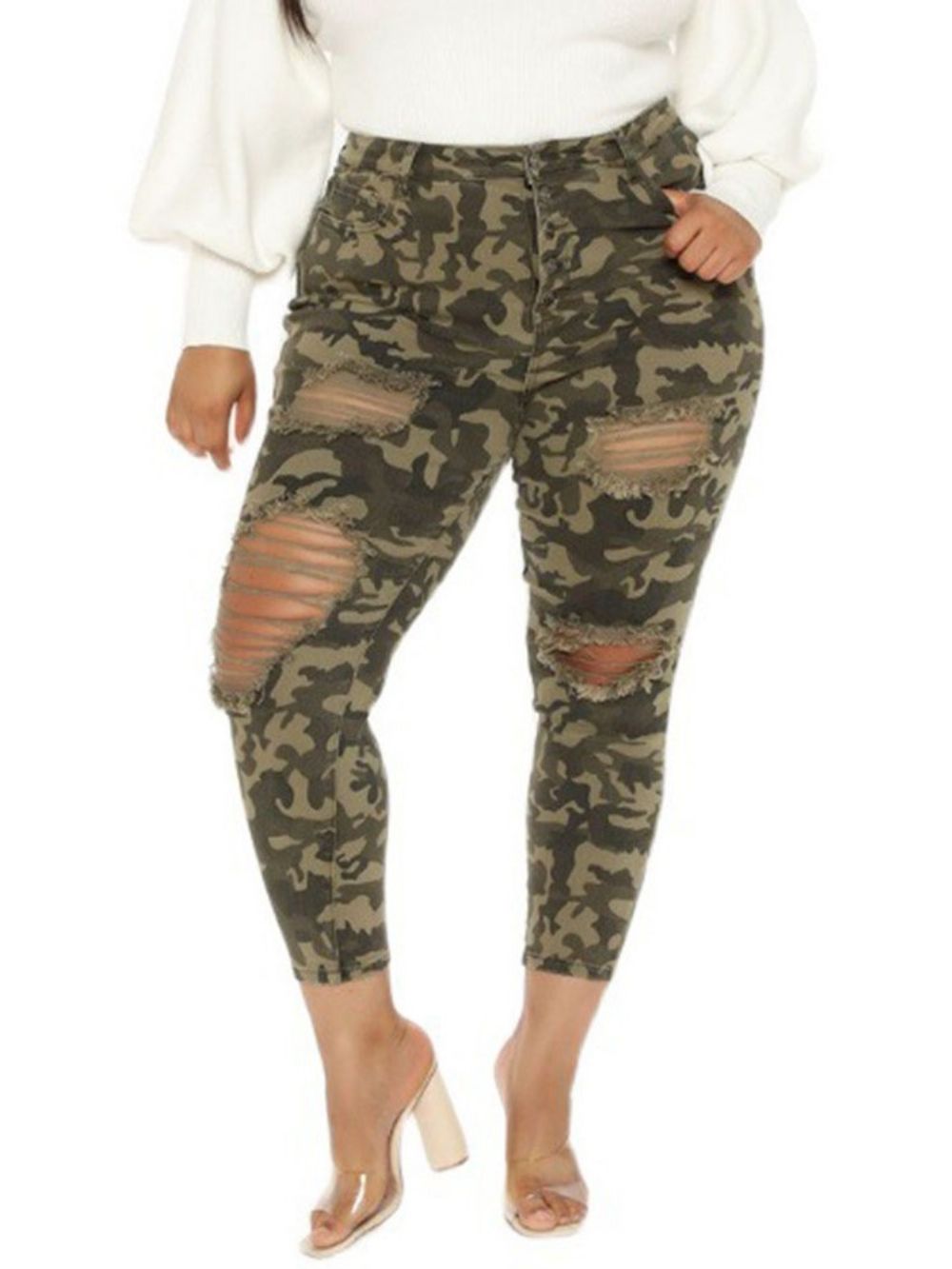 Skinny Hole Camouflage Potlood Broek Enkellange Damesbroek Plus Maat