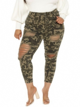 Skinny Hole Camouflage Potlood Broek Enkellange Damesbroek Plus Maat