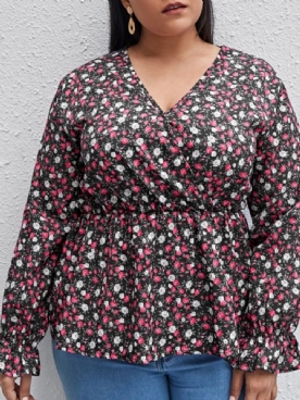 Standaard Blouse Dames Met Print En V-Hals Lange Mouwen Grote Maten