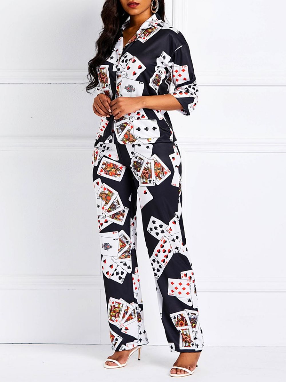 Color Block Poker Rechte Losse Hemd En Broek Tweedelige Sets