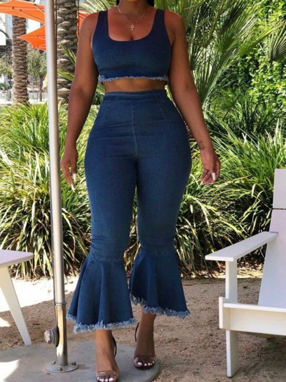 Effen Denim Bellbottoms Casual Vest En Broek Tweedelige Sets