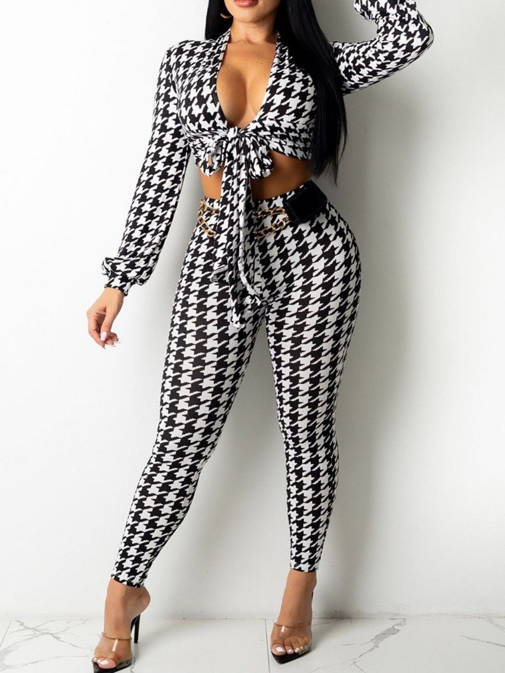 Enkellange Broek Houndstooth Mode Potloodbroek Met Veters Tweedelige Sets