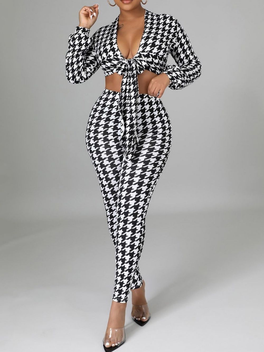 Enkellange Broek Houndstooth Mode Potloodbroek Met Veters Tweedelige Sets