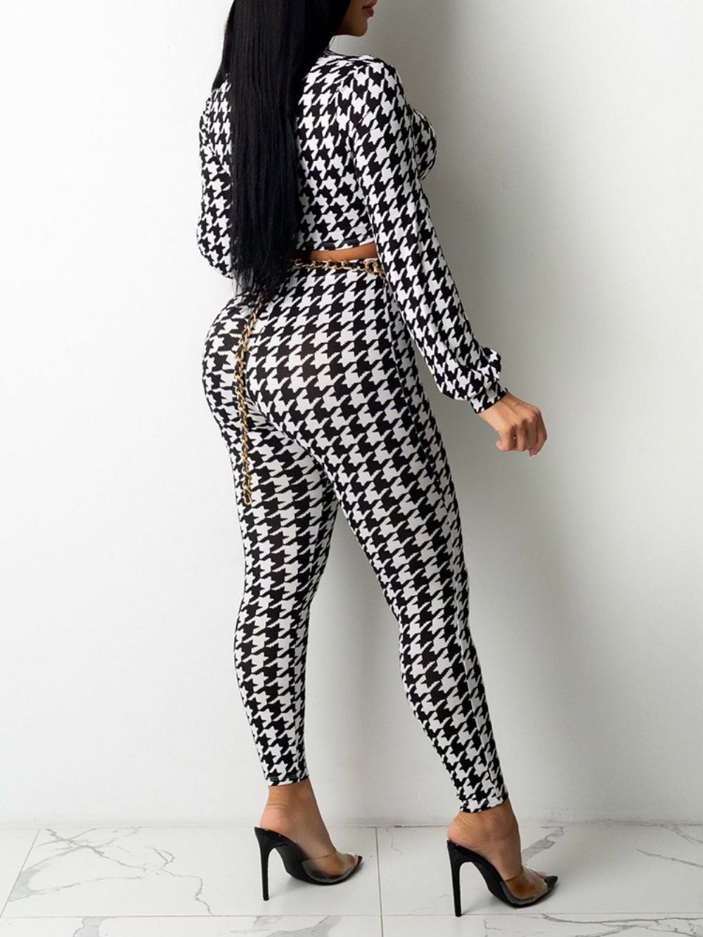 Enkellange Broek Houndstooth Mode Potloodbroek Met Veters Tweedelige Sets