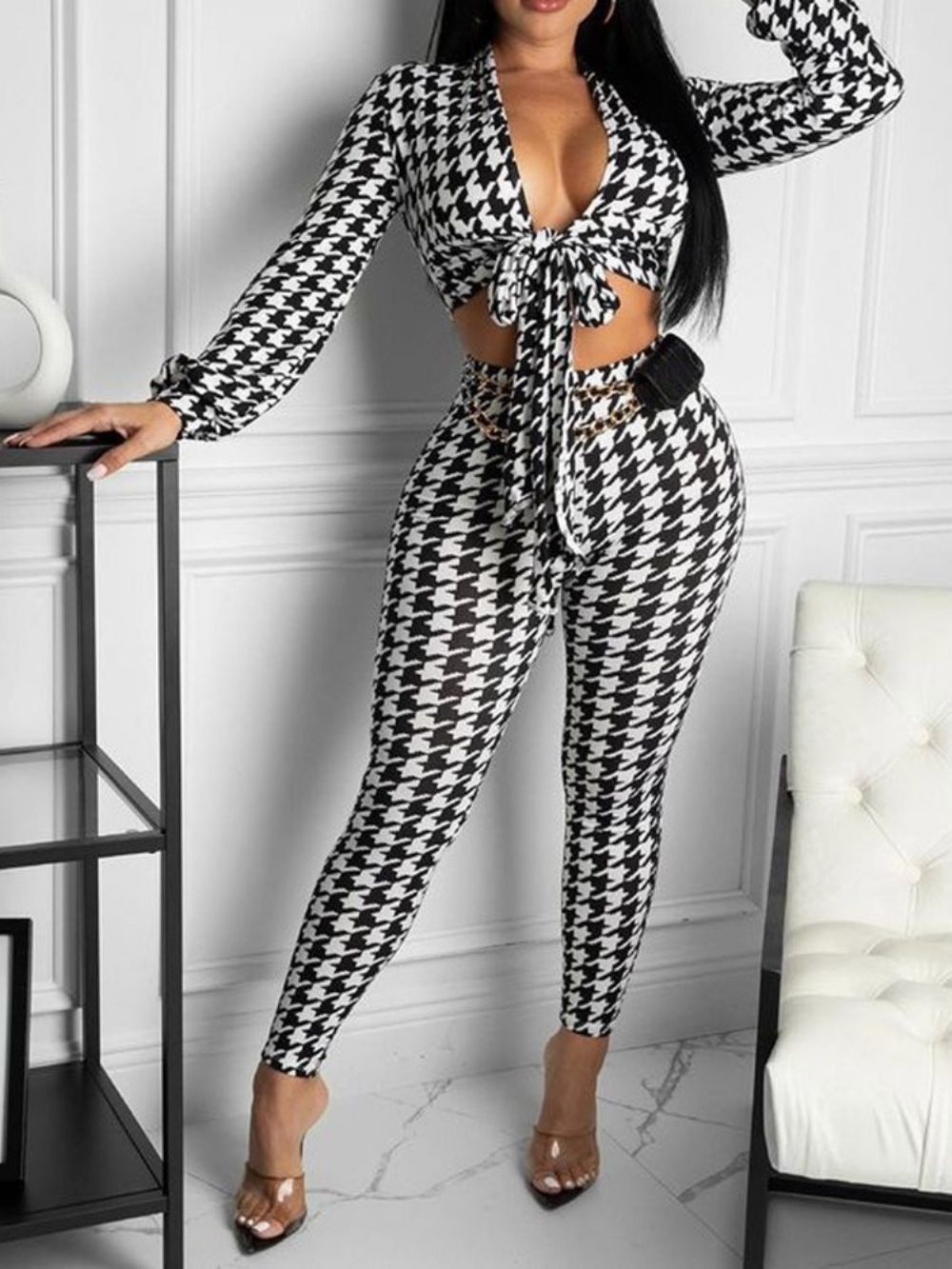 Enkellange Broek Houndstooth Mode Potloodbroek Met Veters Tweedelige Sets