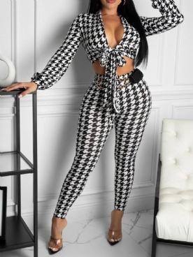 Enkellange Broek Houndstooth Mode Potloodbroek Met Veters Tweedelige Sets