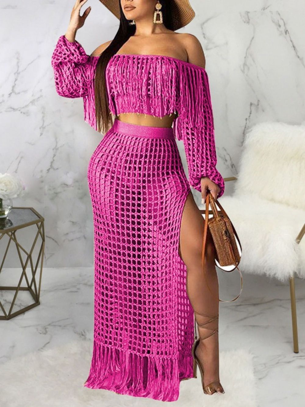 Mode Effen Kwastje Off-Shoulder Bodycon Tweedelige Sets Dames