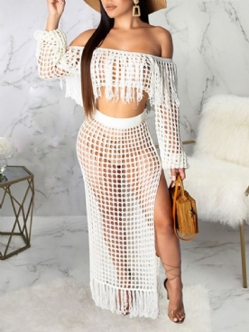 Mode Effen Kwastje Off-Shoulder Bodycon Tweedelige Sets Dames