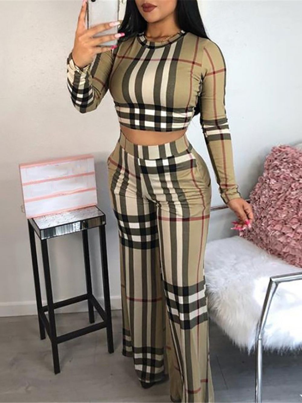 Print Plaid Bellbottoms Pullover Tweedelige Sets